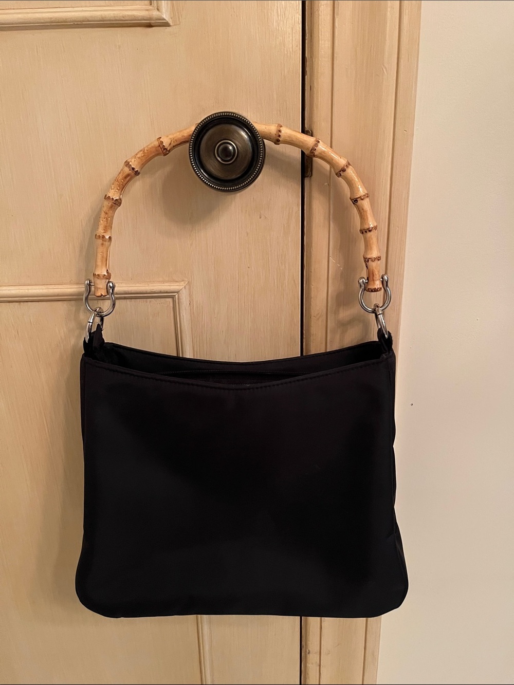 VALERIE STEVENS Preppy Career Casual Black Bamboo Top Handle Zip Shoulder Bag